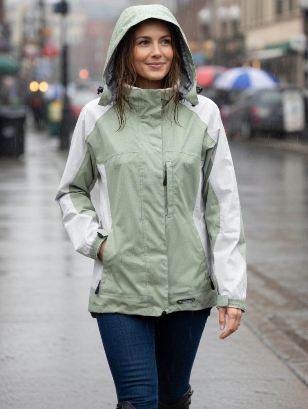 Wetskins Light Green & White Women's Waterproof Hooded Jacket Size M